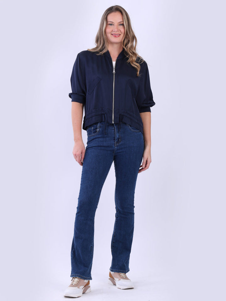Collarless Plain Crop Jacket Navy