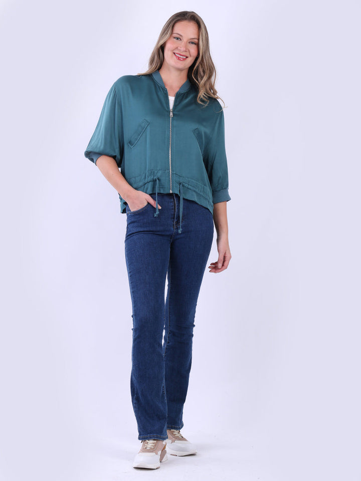 Collarless Plain Crop Jacket Teal