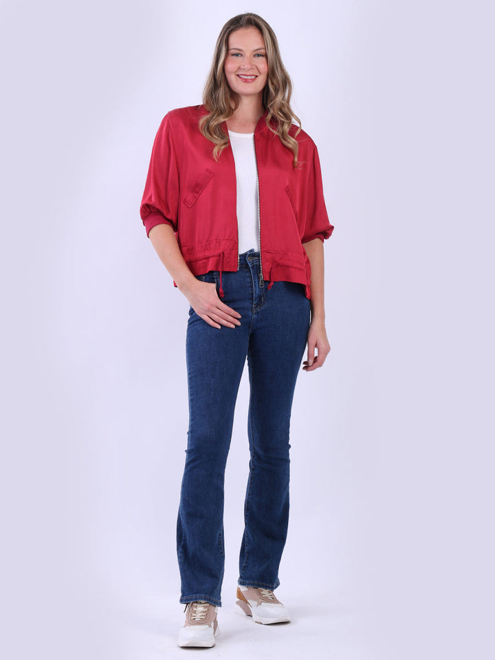Collarless Plain Crop Jacket Wine