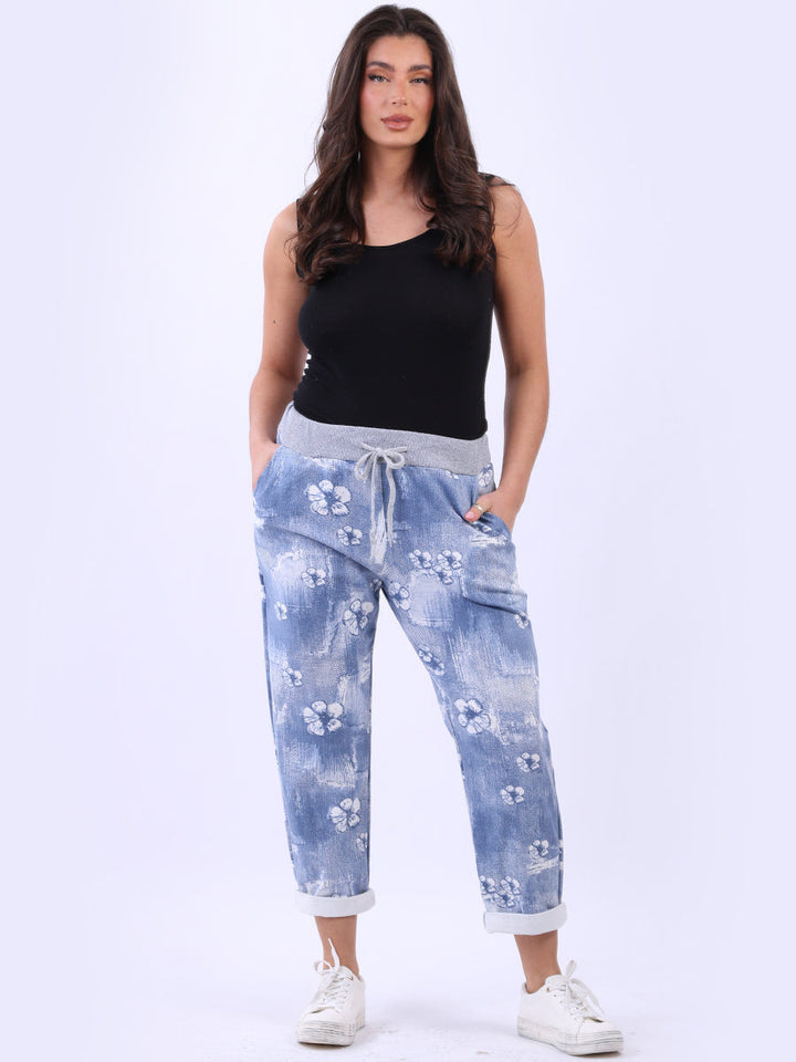 Floral Cotton Joggers Pant Light Denim
