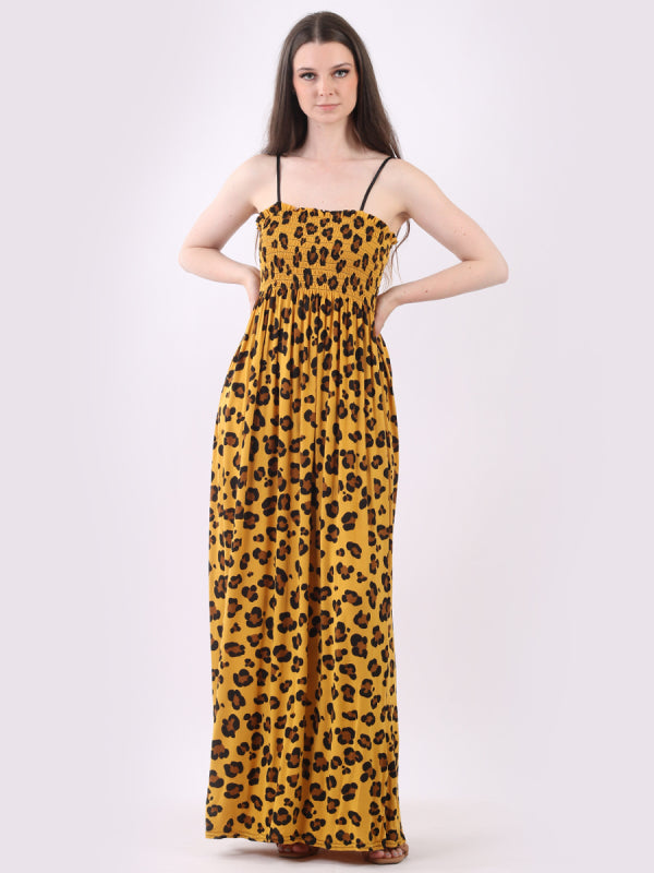 Leopard Print Shirred Flared Boob Tube Maxi Dress