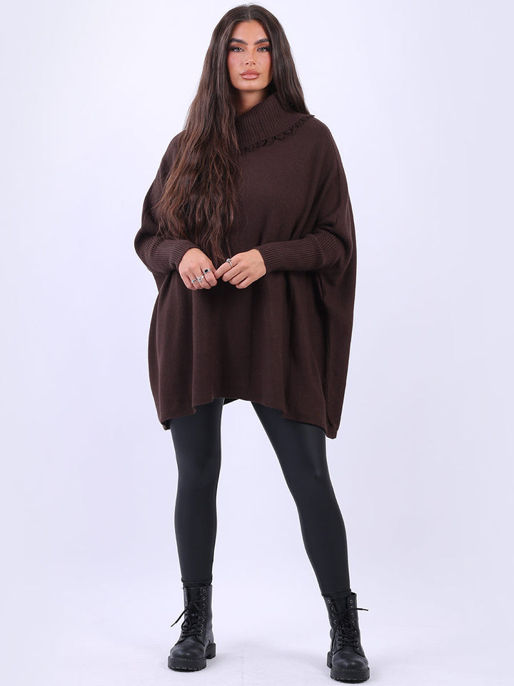 Cowl Neck Batwing Knitted Poncho Chocolate