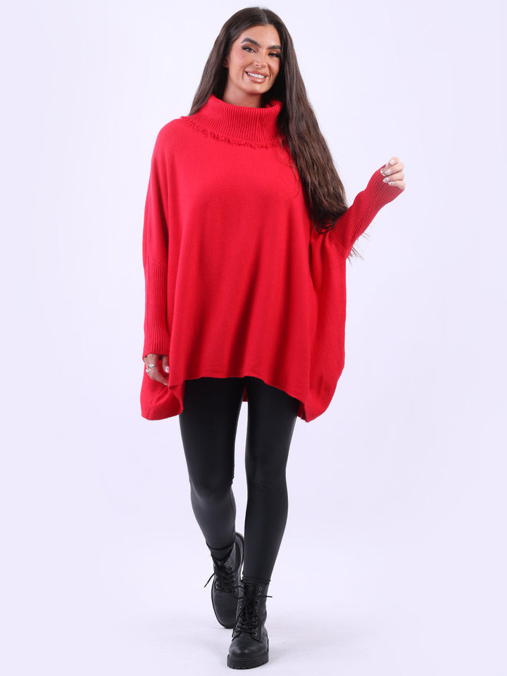 Cowl Neck Batwing Knitted Poncho Red