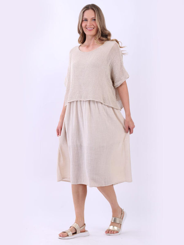 Mesh Net Cotton Midi Dress Beige