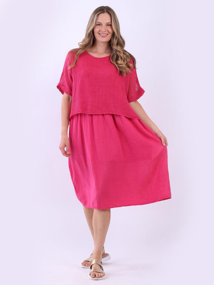 Mesh Net Cotton Midi Dress Fuchsia