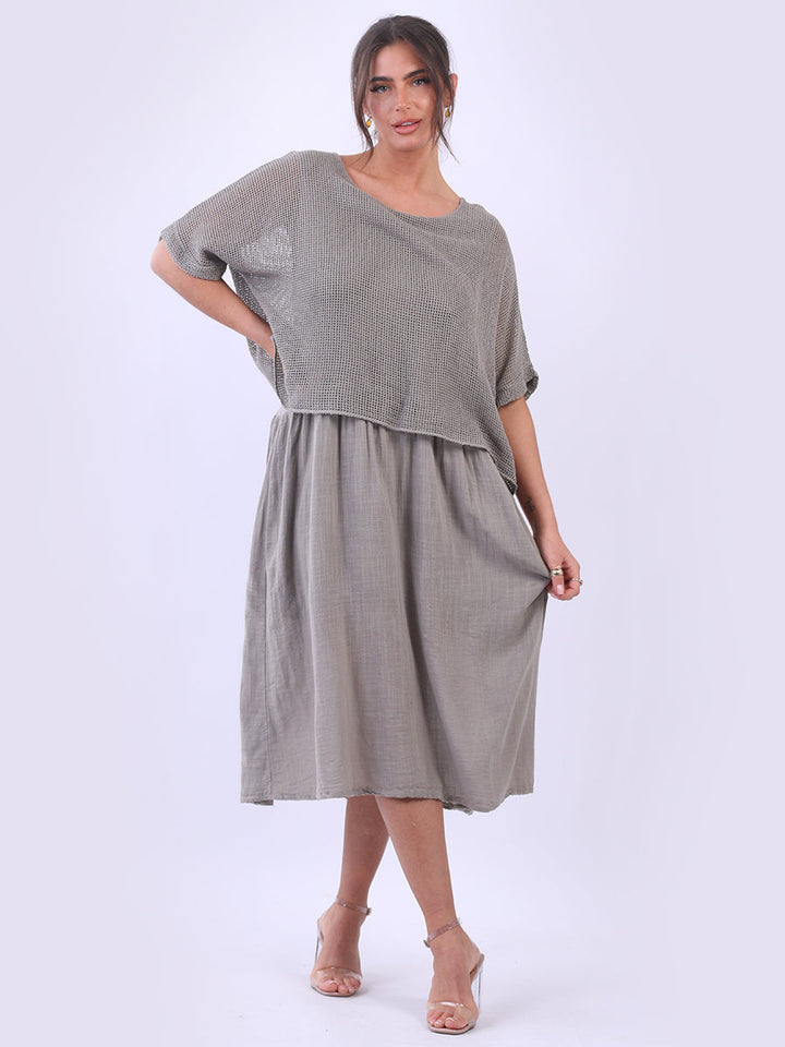 Mesh Net Cotton Midi Dress Mocha