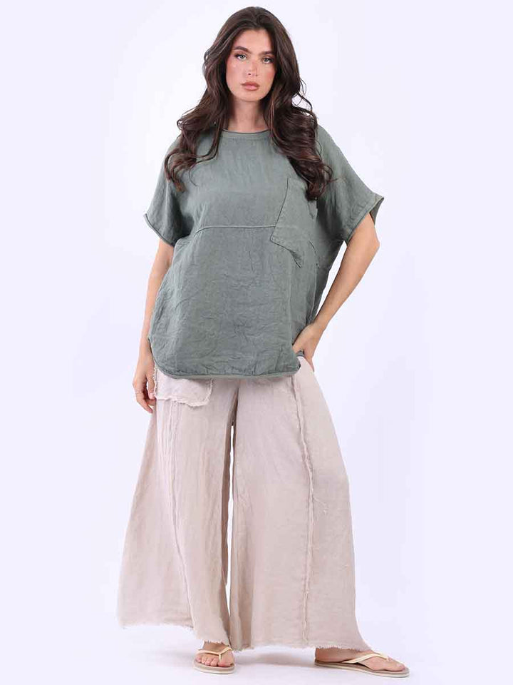 Women Baggy Linen Top Khaki