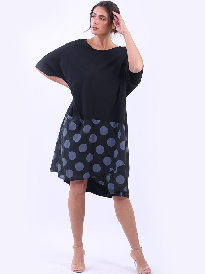 Polka Dot Panel Cotton Midi Dress Black