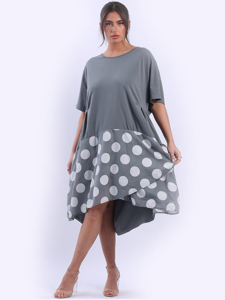 Polka Dot Panel Cotton Midi Dress Dark Grey