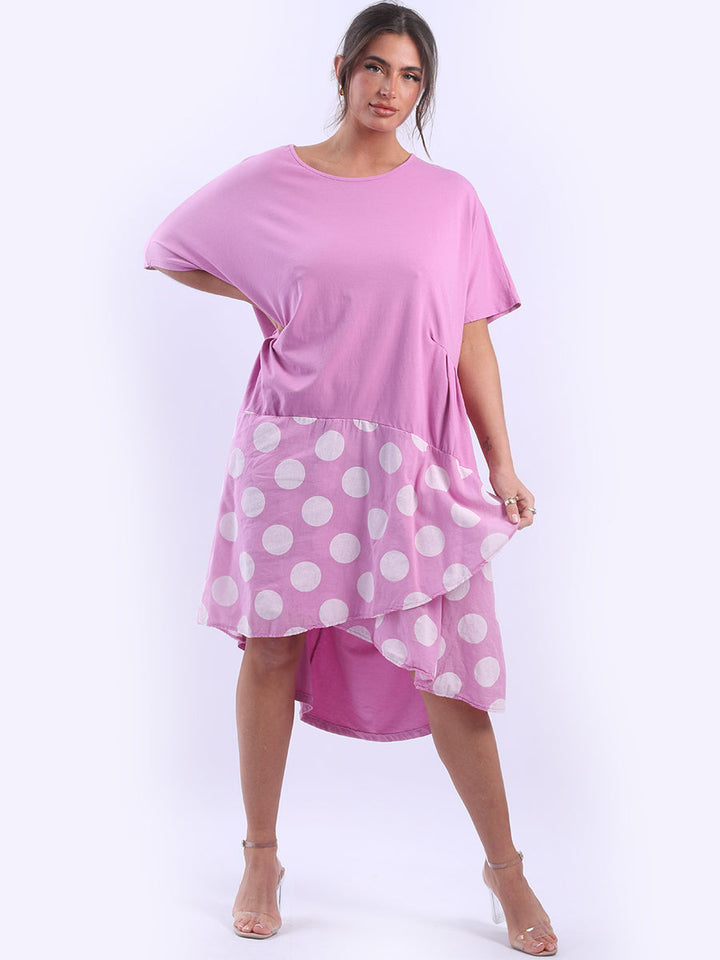 Polka Dot Panel Cotton Midi Dress Fuchsia