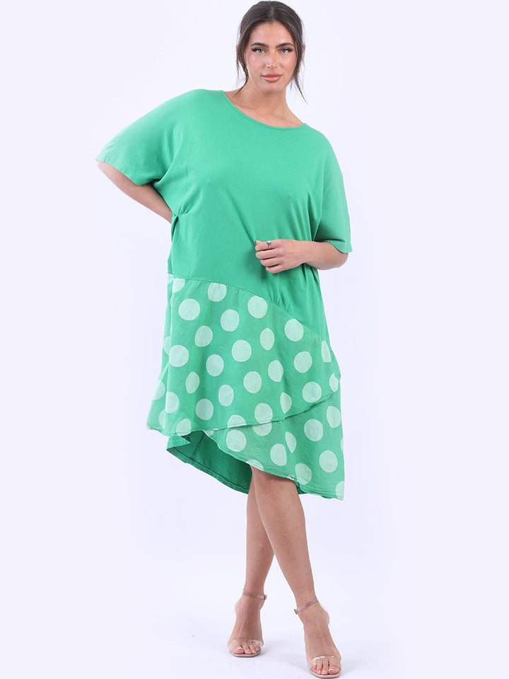Polka Dot Panel Cotton Midi Dress Green