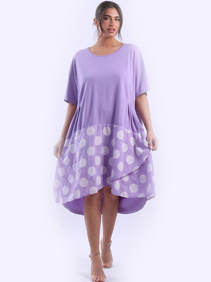 Polka Dot Panel Cotton Midi Dress Lilac