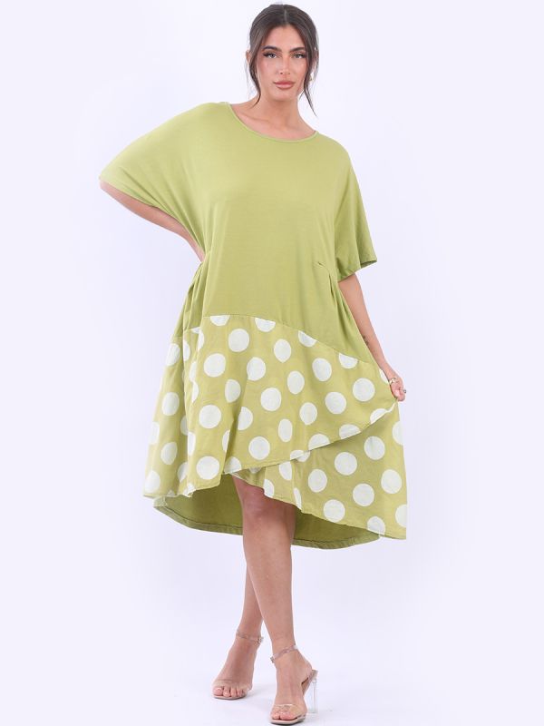 Polka Dot Panel Cotton Midi Dress Lime Green