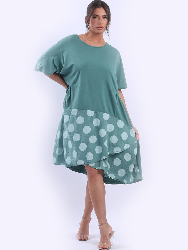 Polka Dot Panel Cotton Midi Dress Ocean Blue