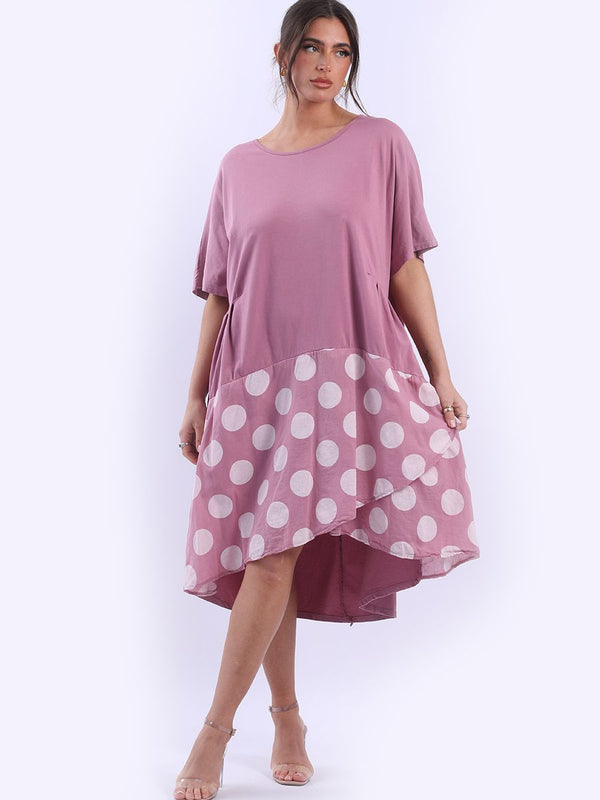Polka Dot Panel Cotton Midi Dress Raspberry