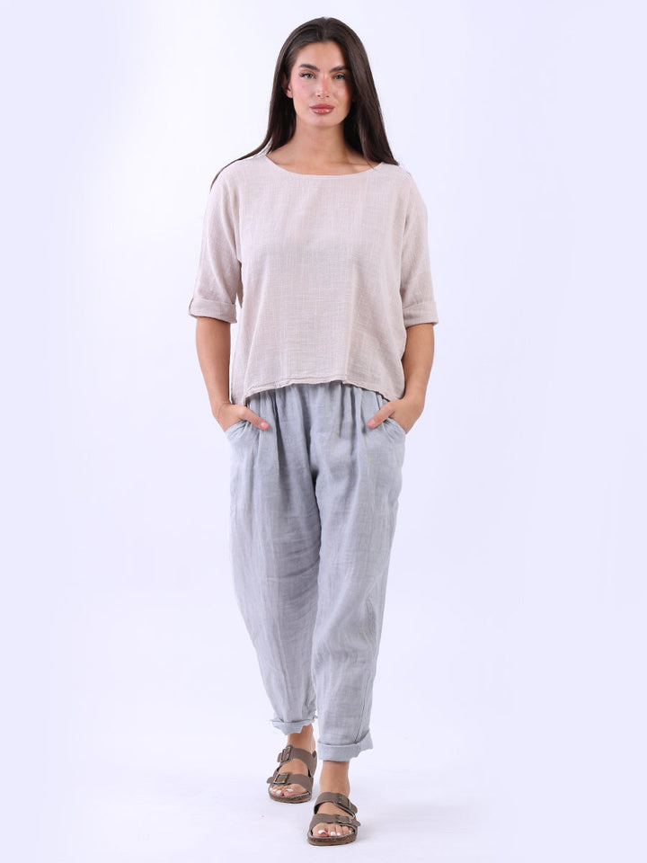 Cotton Solid Crop Boxy Top Beige