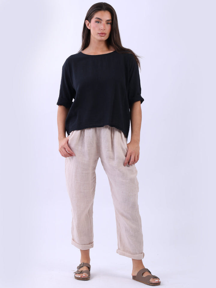 Cotton Solid Crop Boxy Top Black
