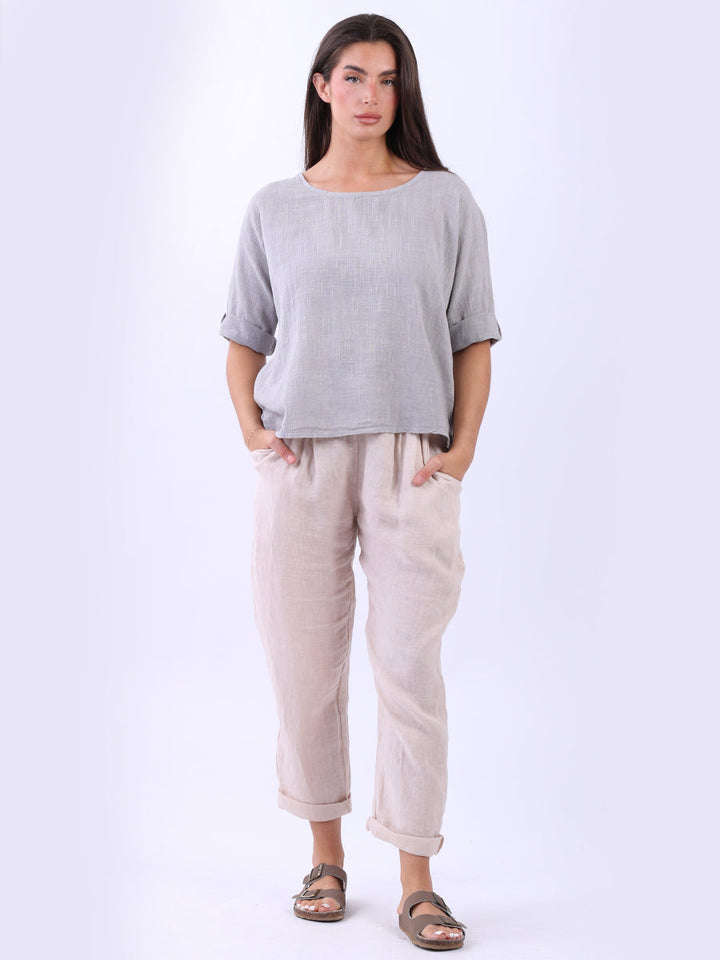 Cotton Solid Crop Boxy Top Grey