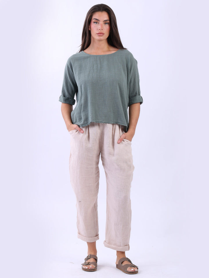 Cotton Solid Crop Boxy Top Khaki