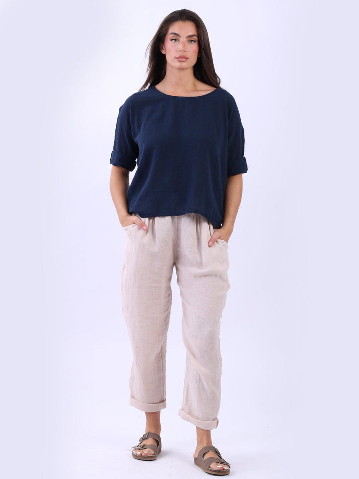 Cotton Solid Crop Boxy Top Navy