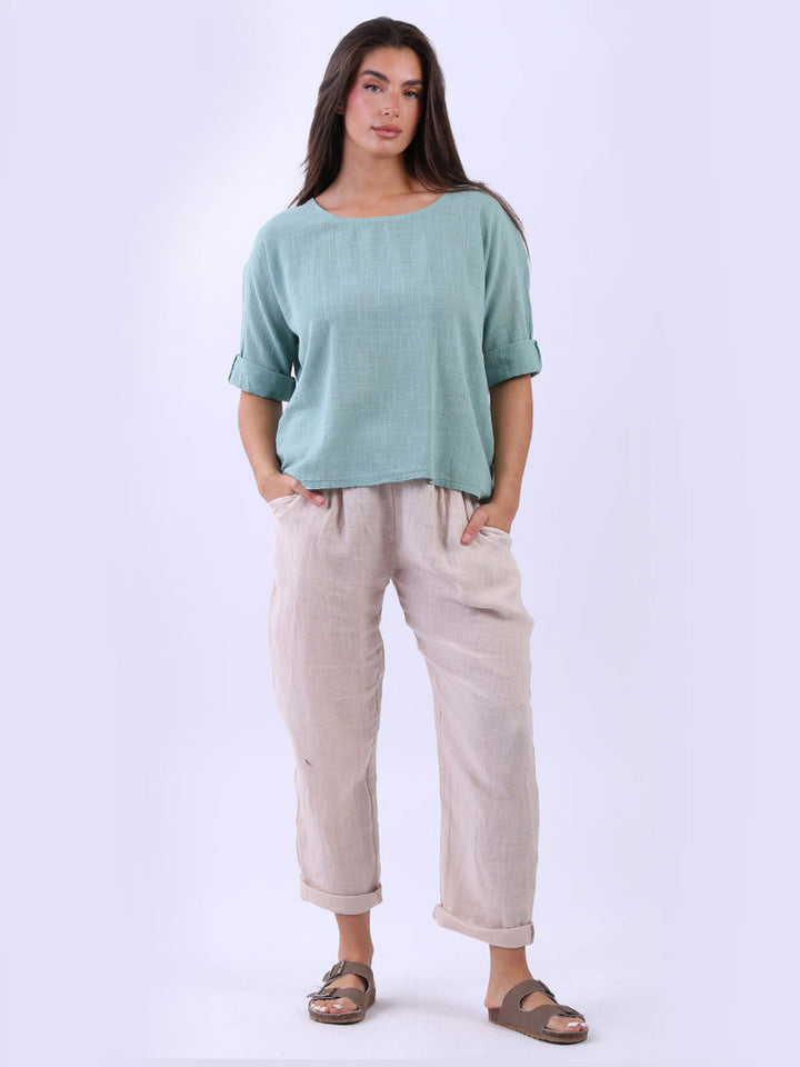 Cotton Solid Crop Boxy Top Ocean Blue