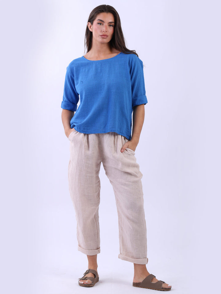 Cotton Solid Crop Boxy Top Royal Blue