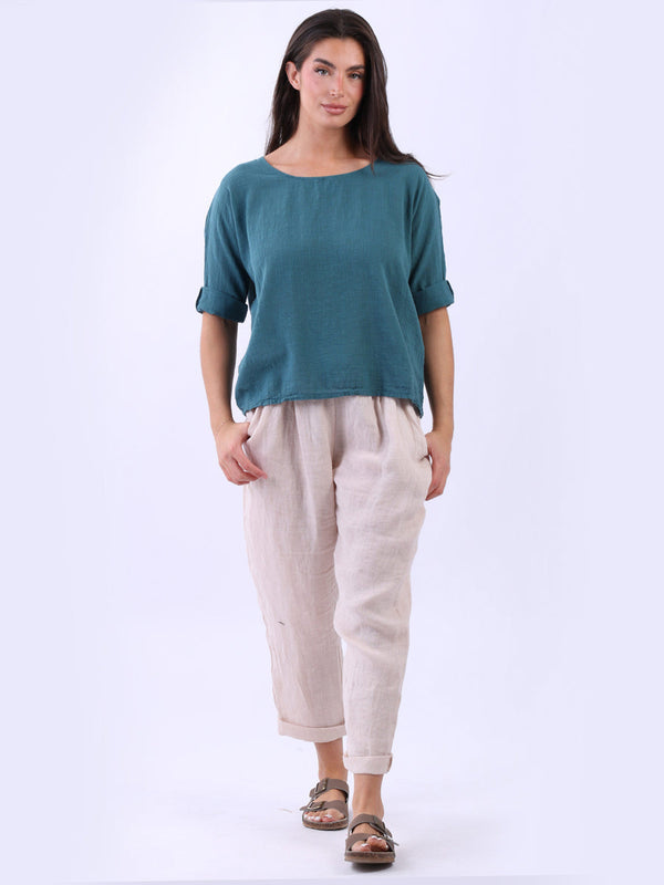 Cotton Solid Crop Boxy Top Teal