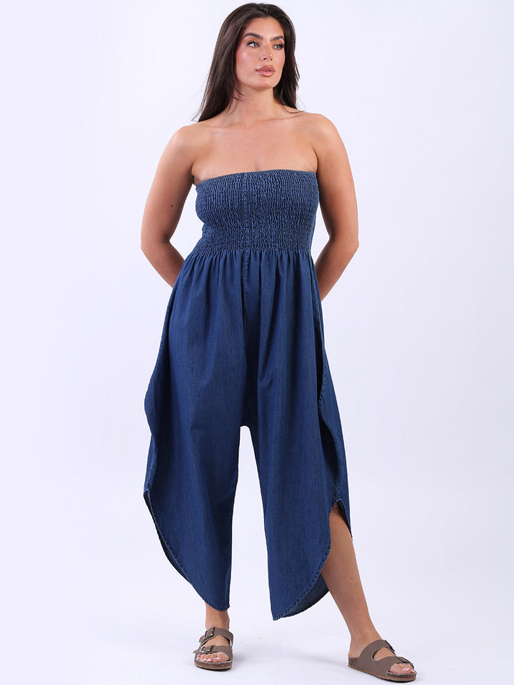 Denim Smocked Tube Cotton Jumpsuit Denim
