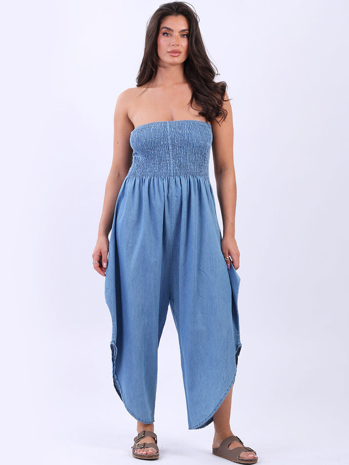 Denim Smocked Tube Cotton Jumpsuit Light Denim