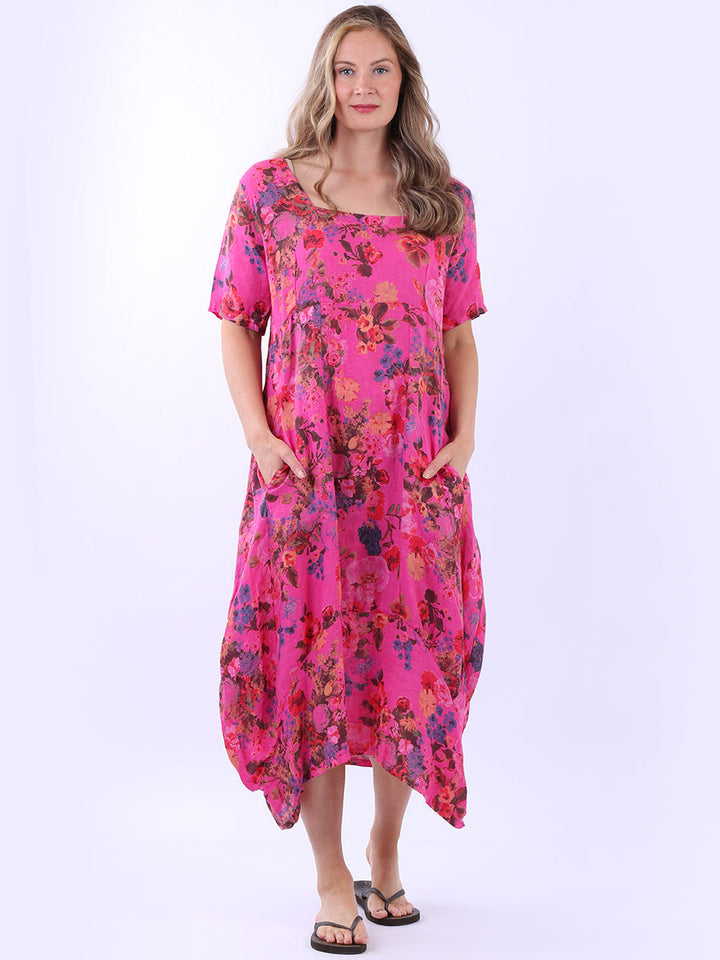 Floral Linen Lagenlook Dress Fuchsia