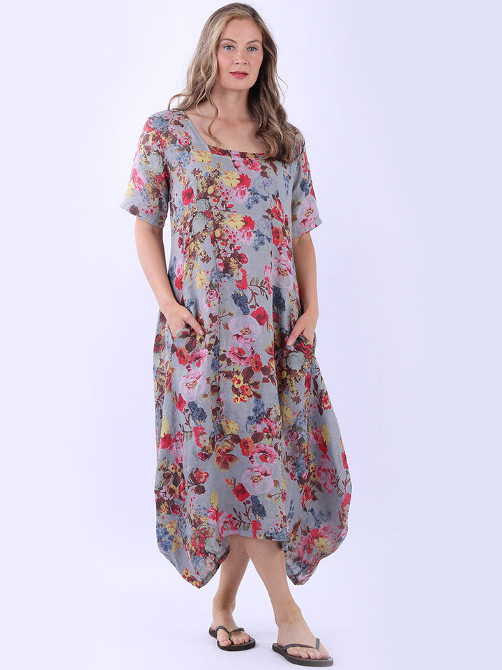 Floral Linen Lagenlook Dress Grey