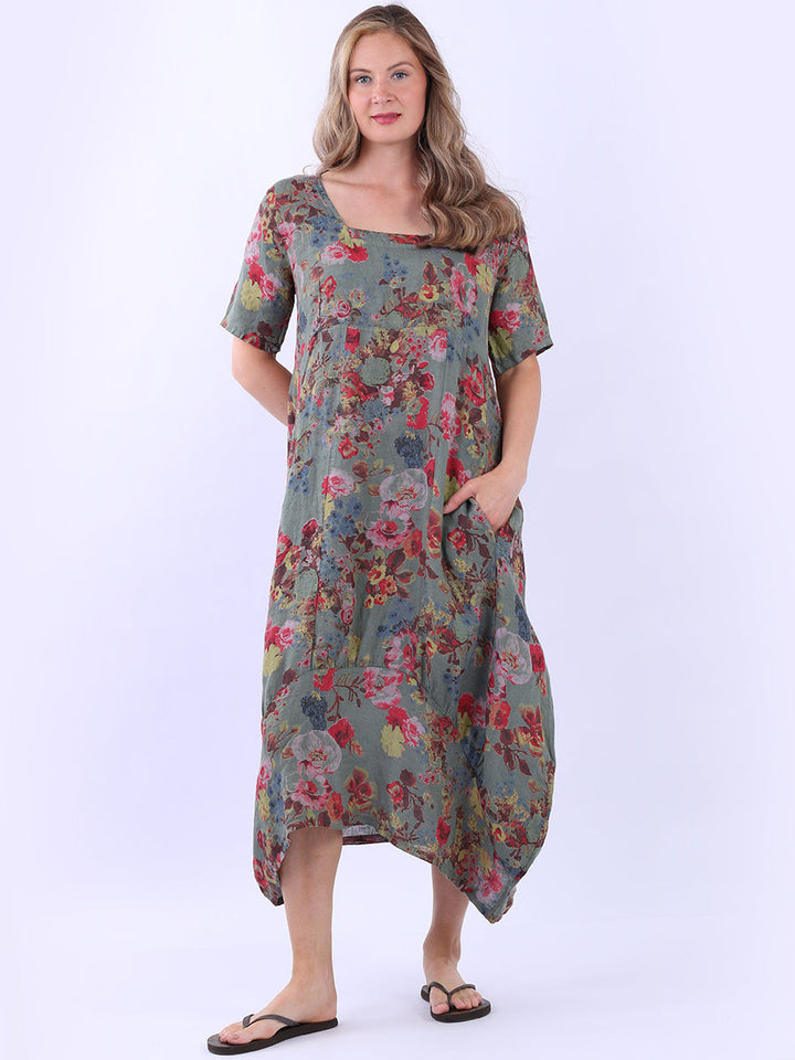 Floral Linen Lagenlook Dress  Khaki