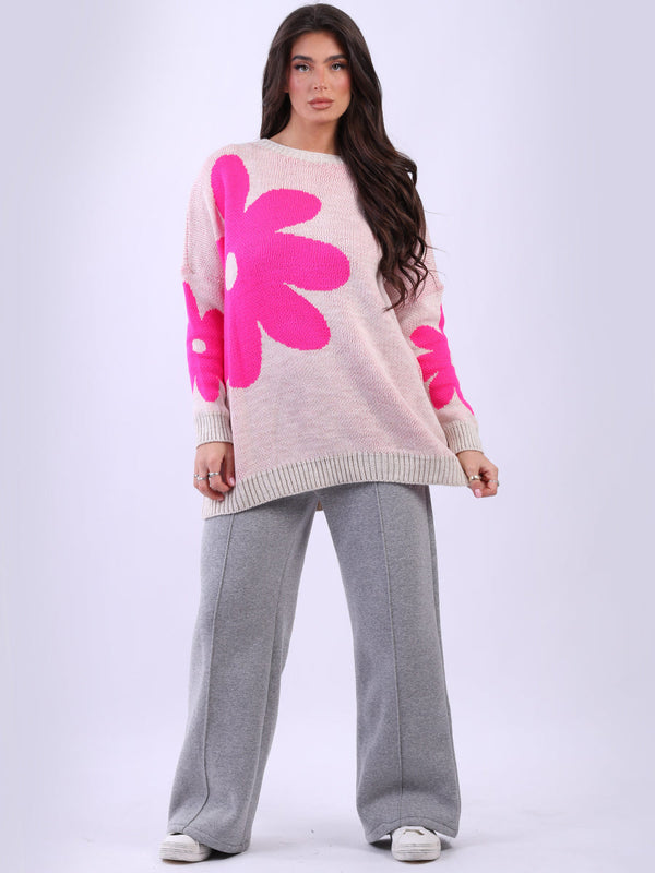 Floral Oversized Wool Knitted Jumper Beige