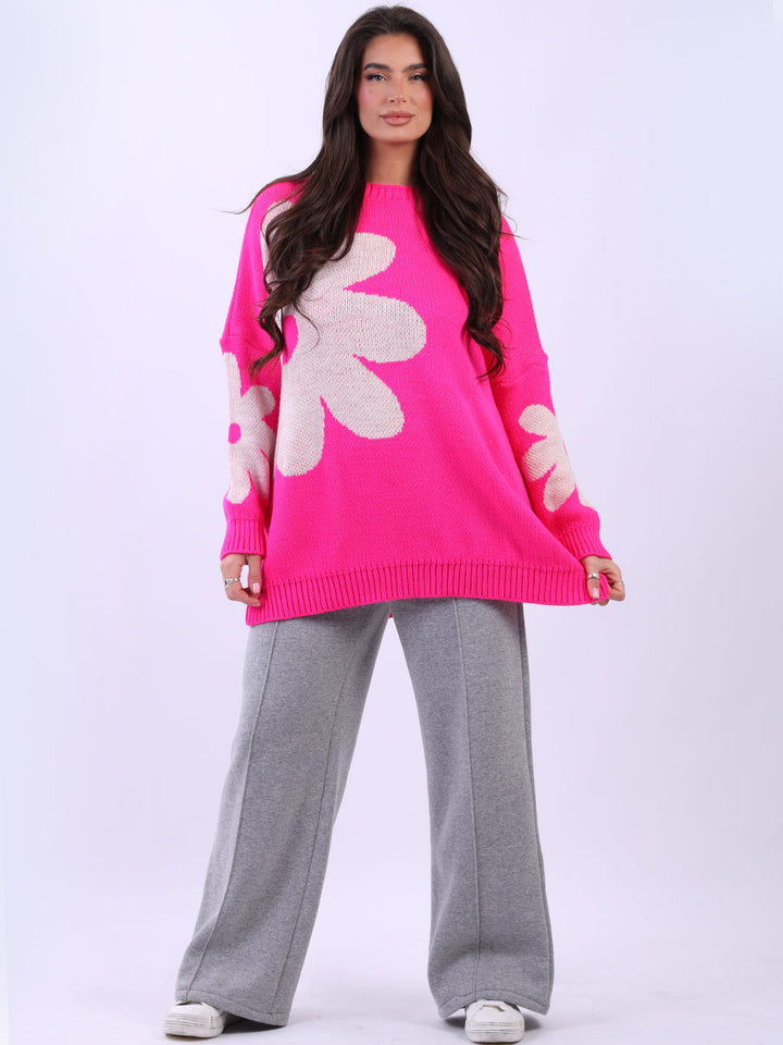 Floral Oversized Wool Knitted Jumper Fuchsia