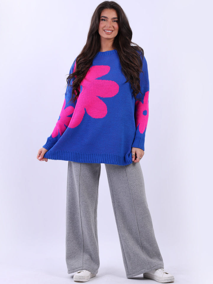Floral Oversized Wool Knitted Jumper Royal Blue