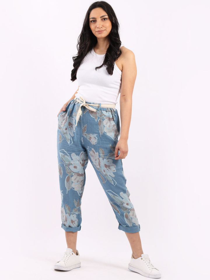 Floral Print Linen Trouser Denim