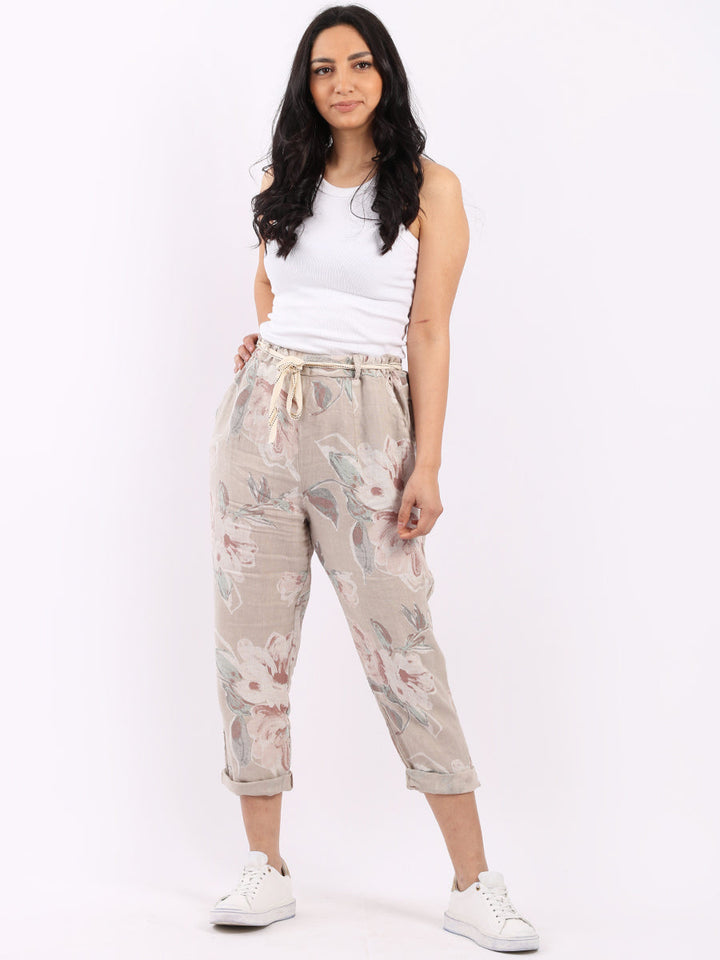 Floral Print Linen Trouser Beige