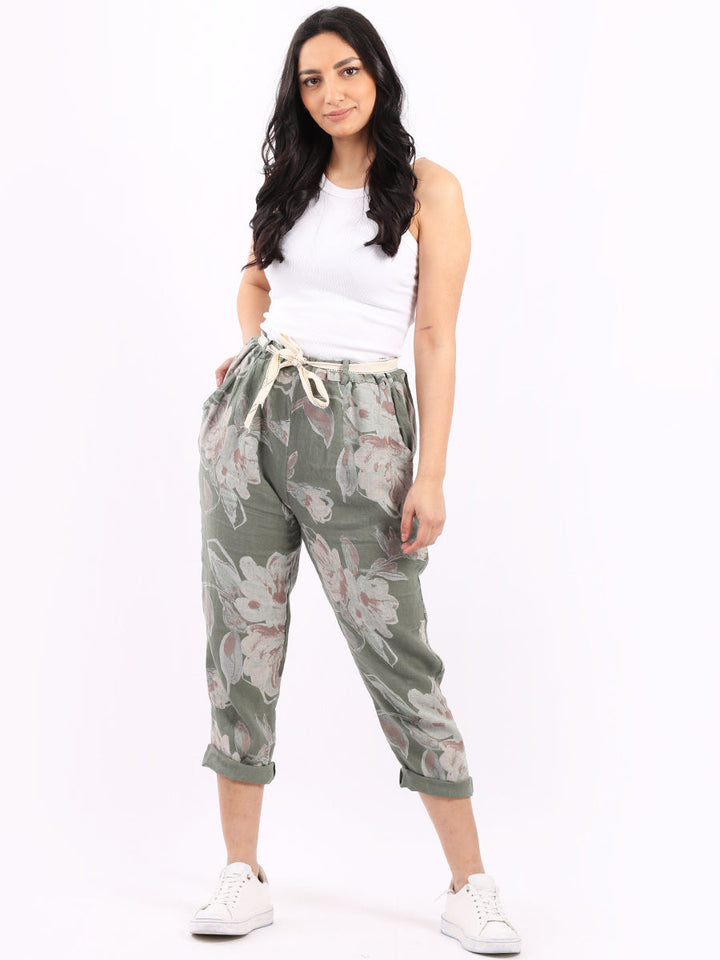Floral Print Linen Trouser Khaki