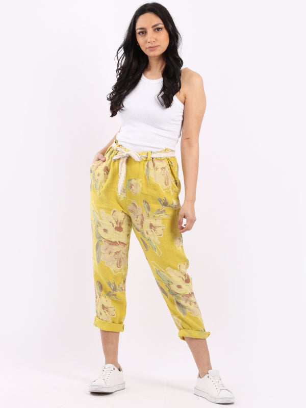Floral Print Linen Trouser Mustard