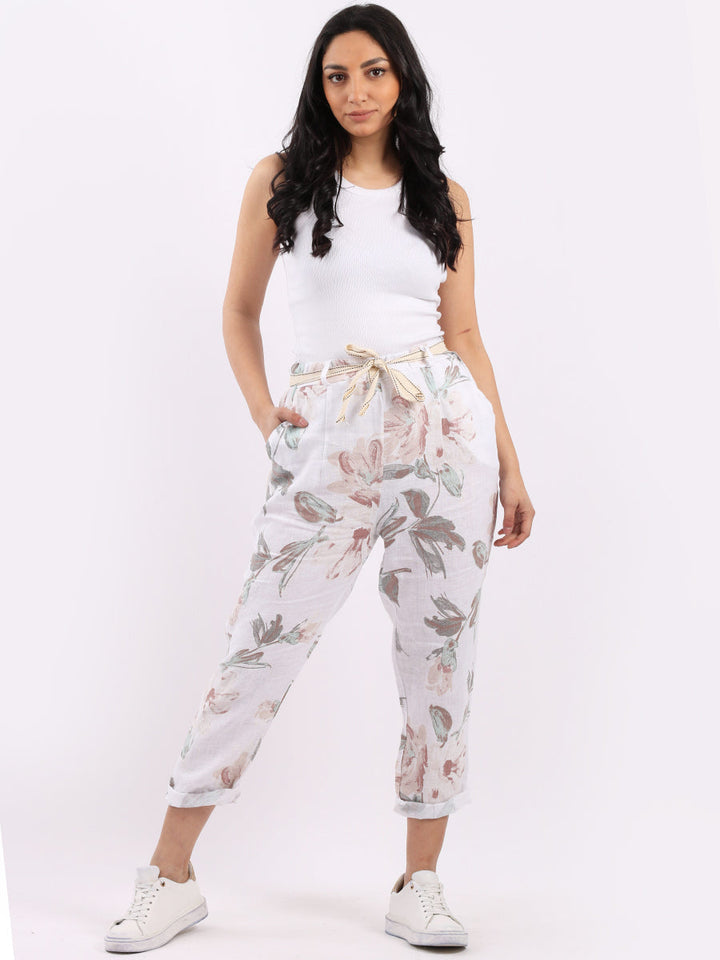 Floral Print Linen Trouser White