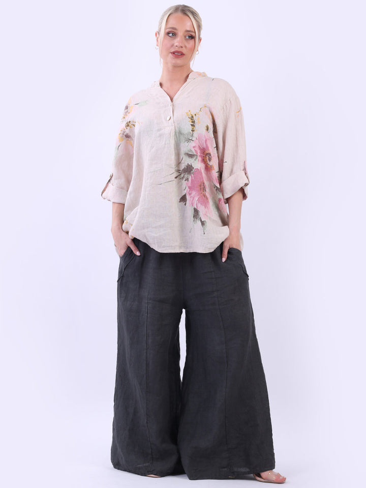 Floral Print Linen Baggy Tunic Top Beige