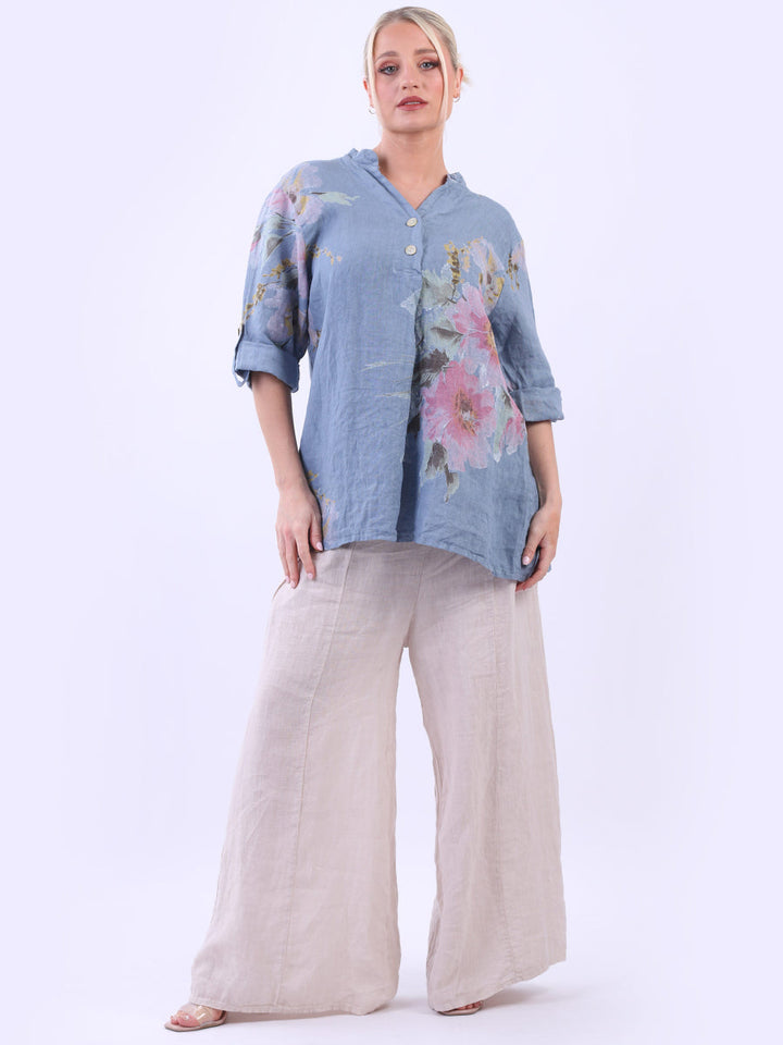 Floral Print Linen Baggy Tunic Top Denim