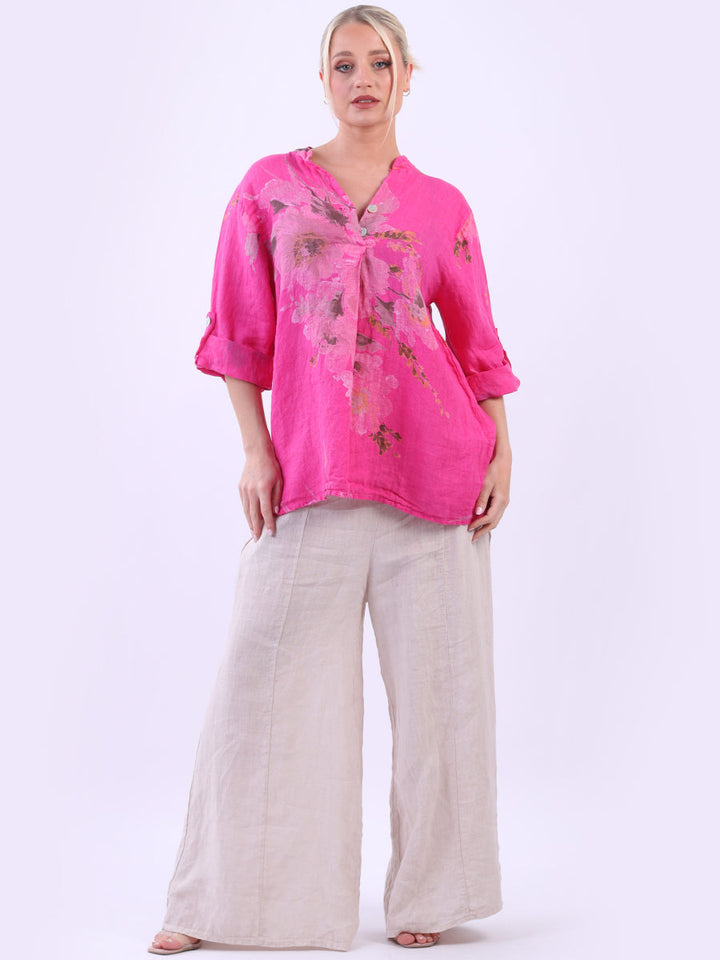 Floral Print Linen Baggy Tunic Top Fuchsia