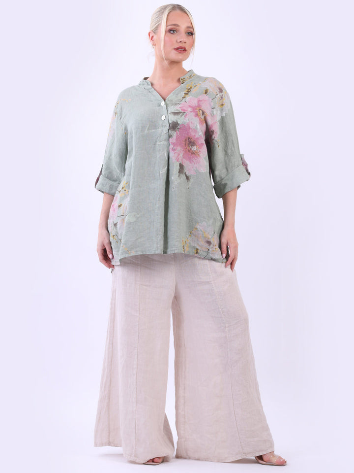 Floral Print Linen Baggy Tunic Top Khaki