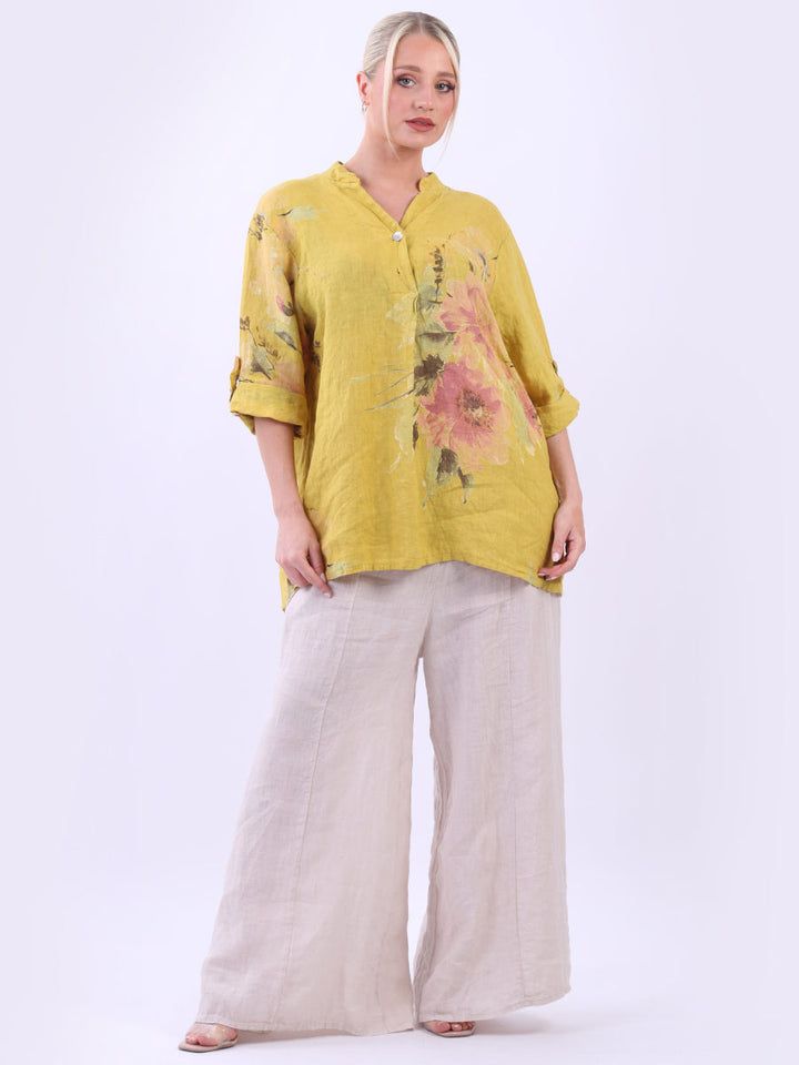 Floral Print Linen Baggy Tunic Top Mustard