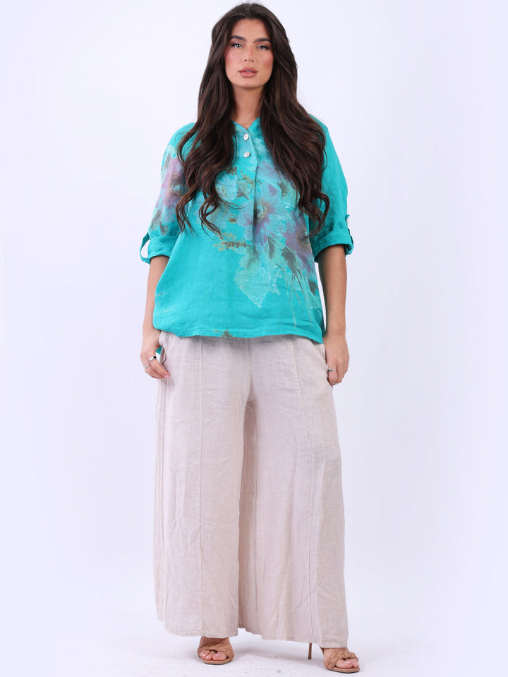 Floral Print Linen Baggy Tunic Top Teal