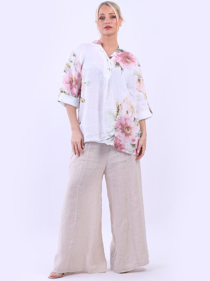 Floral Print Linen Baggy Tunic Top White