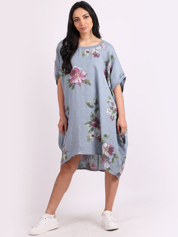 Plus Size Floral Print Linen Lagnelook Dress