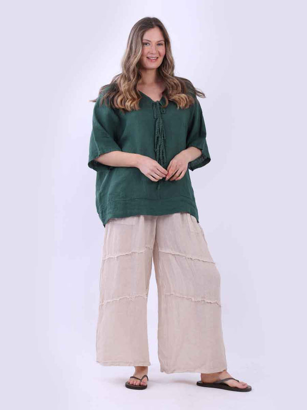 Women Plain Linen Top Bottle Green