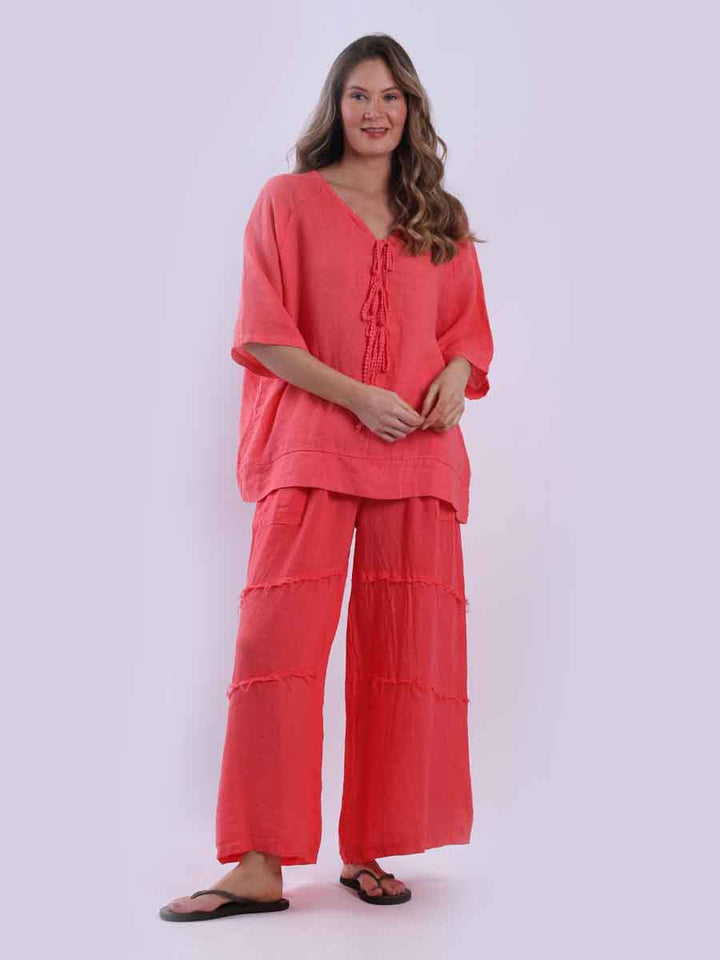 Women Plain Linen Top Coral